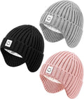 3 Pack Baby Beanie Hats with Earflaps, 2 Size Baby Winter Hat for Infant Toddler Kids, Fleece Lined Knit Hat for Girls Boys