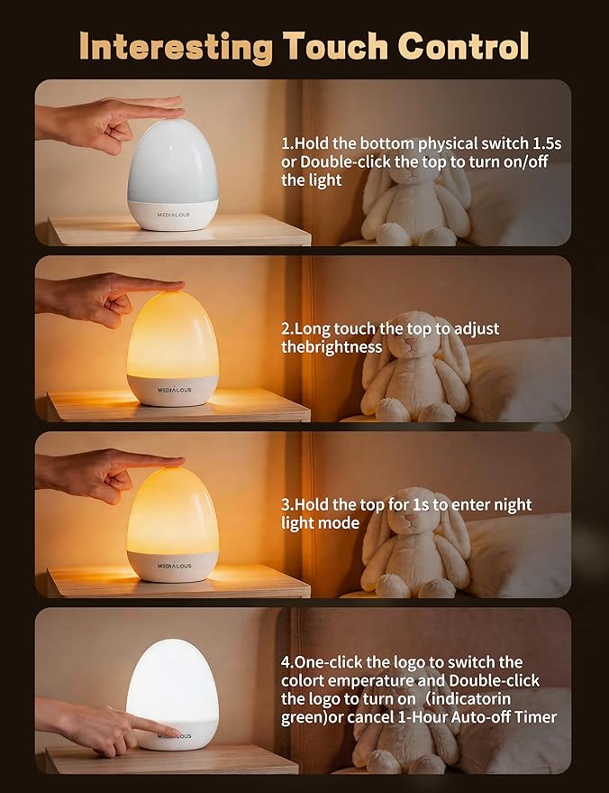 MediAcous Night Lights for Kids Room, Egg Light for Nursery with Stable Charging Pad, Dimmable Baby Night Light with 1H Timer & Touch Control, ABS+PC LED Egg Night Light for Breastfeeding, Up to 200H