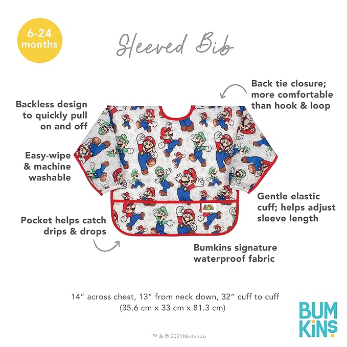 Bumkins Bibs, Baby and Toddler Girls and Boys 6-24 Months, Long Sleeve, Essential Must Have for Eating, Feeding, Mess Saving Lightweight Waterproof Fabric Sleeved Smock, Nintendo Mario and Luigi