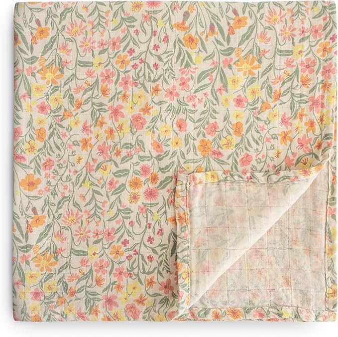 mushie Muslin Baby Swaddle Blanket | 100% Organic Cotton (Pastel Blooms)