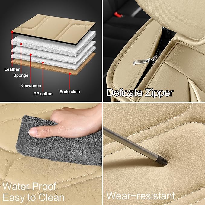Pariitadin Leather Car Seat Covers Full Set, Waterproof Breathable Faux Leather Automotive Seat Covers for Cars, Non-Slip Car Interior Covers Universal Fit Most Cars Sedans Trucks SUVs, Beige