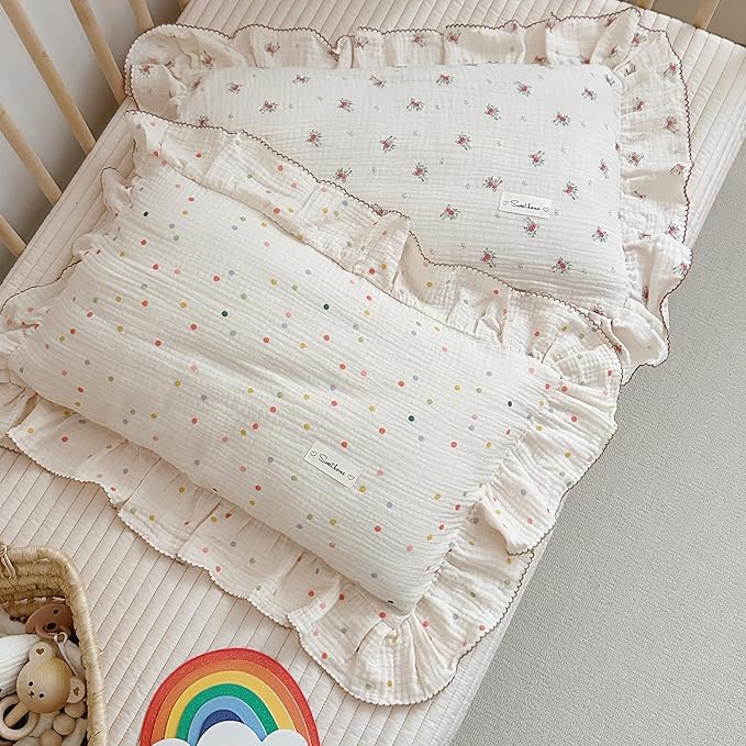 AOJIM Kids Toddler Pillowcase 1 Piece Super Soft Muslin Cotton Bedding Pillowcase with Colorful Beans Pattern, Ruffle Edges Nursery Pillowcase Durable Kids Pillow Cover, Machine Washable 14x20 Inches
