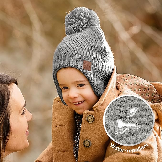 Baby Beanies, Baby Hats for Boys, Girls - Cute Toddler Winter Hat, Soft & Stretchy Beanies for Infant, Newborn 0-6 Months, Cozy & Warm with Earflap Muff & Pom (Gray, S)
