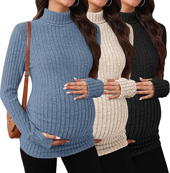 3 Pack Maternity T-Shirts Pregnancy Tops Women Sweater Long Sleeve Turtleneck Ribbed Finger Sleeve Outfits