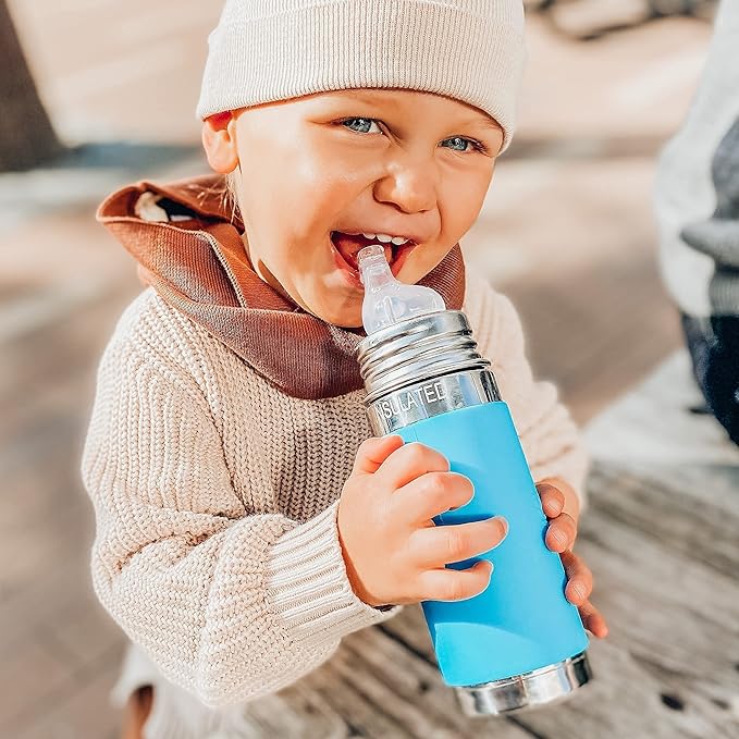 Pura Kiki 9oz/260ml Stainless Steel Insulated Sippy Bottle w/Sleeve, Plastic-Free, MadeSafe Certified, Medical-Grade Silicone Sipper Spout Fast Flow Rate for Kids, Toddlers, Babies & Infant – Aqua