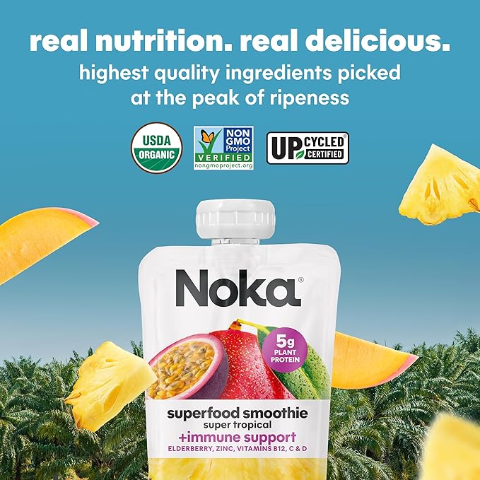 Noka Superfood Fruit Smoothie Pouches, Super Tropical with Immune Support, Healthy Snacks with Elderberry, Vitamin C, Flax Seed and Plant Protein, Vegan, Gluten Free, Organic Fruit Squeeze Pouch, 4.22 oz, 6 Count