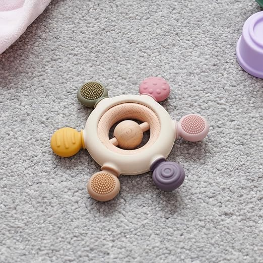 tickit Silisoft Rattle Teether | Sensory Baby Teether with Textured, Food-Grade Silicone and Natural Beechwood | Removable Wooden Rattle for Teething Relief and Development