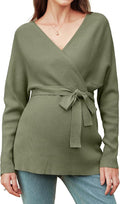 OUGES Womens Soft Cotton Blend Maternity Sweater Wrap V Neck Long Sleeve V Back Fall Shirts Pregnancy Outfits with Belt