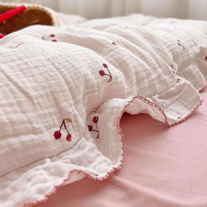AOJIM Pink Cotton Muslin Kids Toddler Pillowcase Super Soft Baby Crib Bedding Pillowcase with Ruffle Edges Machine Washable Cherry Nursery Pillowcase for Boys Girls, Durable Kids Pillow Cover, 14x20''