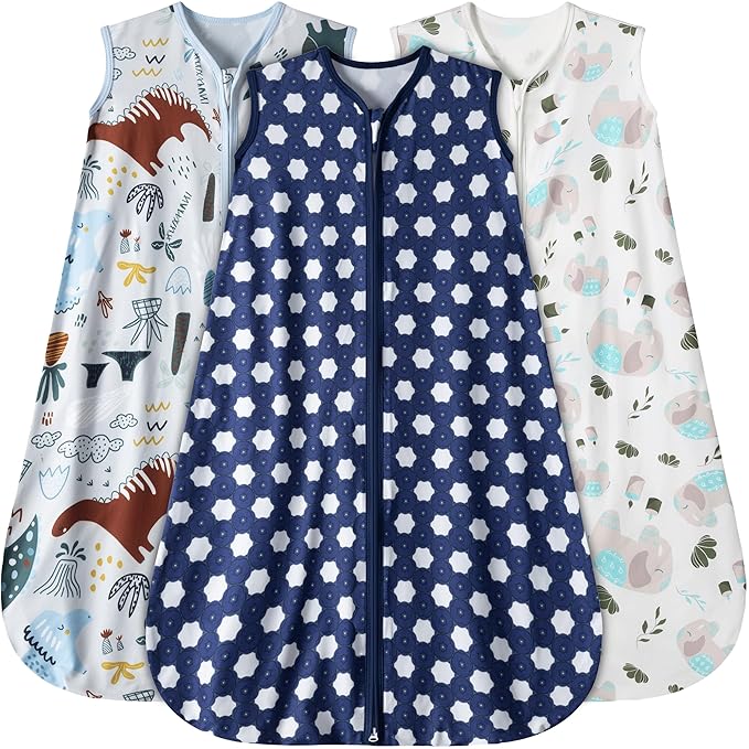 Baby Sleep Sack 0-6 Months 3 Pack Baby Wearable Blanket 100% Rayon Cotton 2-Way Zipper Toddler Sleeping Sack .Comfy Soft Lightweight TOG 0.3 (Elephant&Dinosaur&Hexagon,)