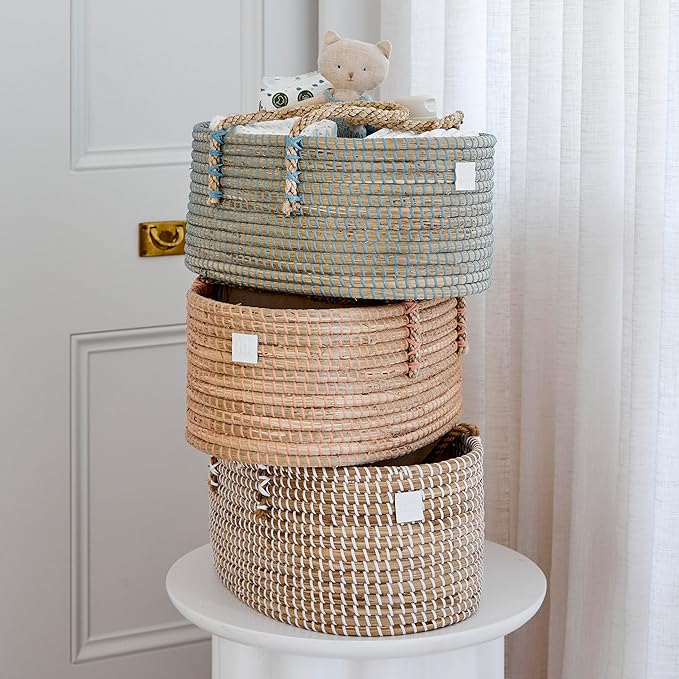 BEBE BASK Premium Light Blue Baby Diaper Caddy Organizer -Handmade - Seagrass Basket With Cotton Divider - Award-Winning & Luxury Diaper Caddy Basket - (Dove)