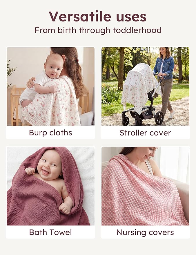 Unnivoll Muslin Swaddle Blankets for Newborns, 100% Cotton Receiving Blankets, Large 38 x 40 inches Baby Swaddle Blanket for Baby Boys and Girls, Soft Breathable Infant Baby Essentials 3 Pack Pink
