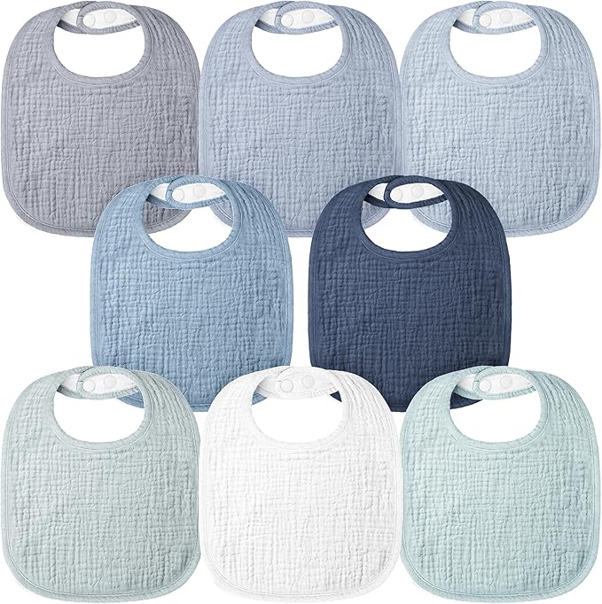 Bearmoss Muslin Baby Drooling Bibs 8 Pack, 100% Cotton Square Adjustable Bandana Bibs Gift for Baby Girls Boys Teething Drool