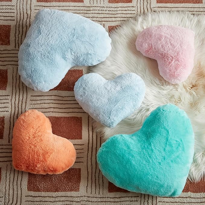 EastTree Heart Pillows, Teal Heart Shaped Pillows, Love Throw Pillows Gifts, Ultra Soft Faux Rabbit Fur Small Cute Pillows, Women Girls Kid Room Decor 10x13 Inch