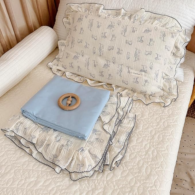 AOJIM Cotton Muslin Kids Pillowcase with Cute Cat Patterns, Super Soft Crib Nursery Pillowcase 1PC for Boys Girls, Ruffled Edges Toddler Bedding for Room Decor, Machine Washable, 26x20 Inches