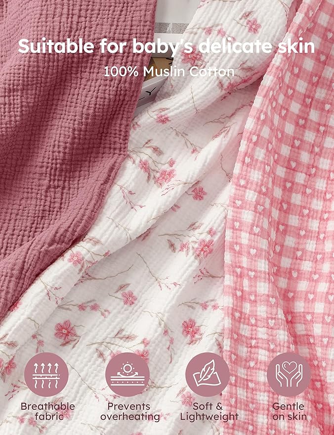 Unnivoll Muslin Swaddle Blankets for Newborns, 100% Cotton Receiving Blankets, Large 38 x 40 inches Baby Swaddle Blanket for Baby Boys and Girls, Soft Breathable Infant Baby Essentials 3 Pack Pink
