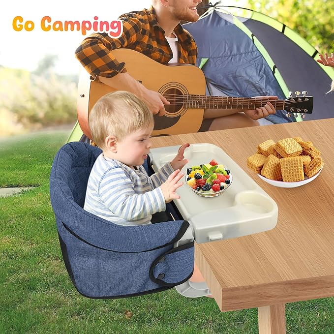 Hook On High Chair with Removable Dining Tray,Folding Portable Clip on Table High Chair,Baby Chair with Storage Bag for Indoor/Outdoor (Navy Blue)
