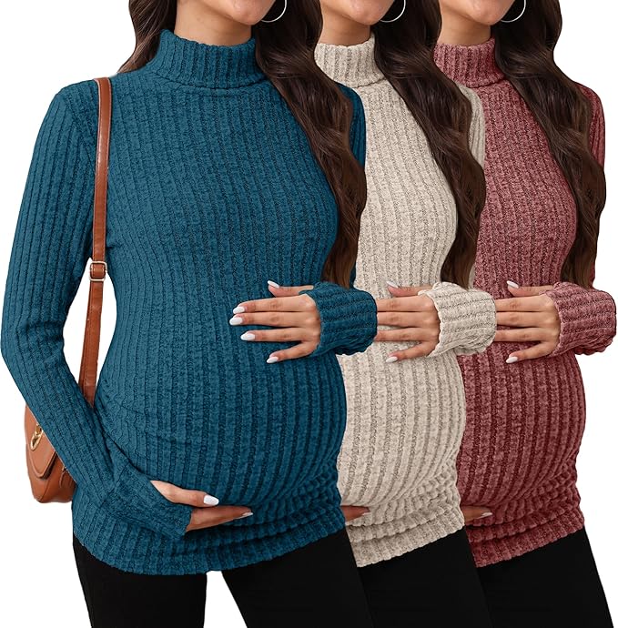 3 Pack Maternity T-Shirts Pregnancy Tops Women Sweater Long Sleeve Turtleneck Ribbed Finger Sleeve Outfits