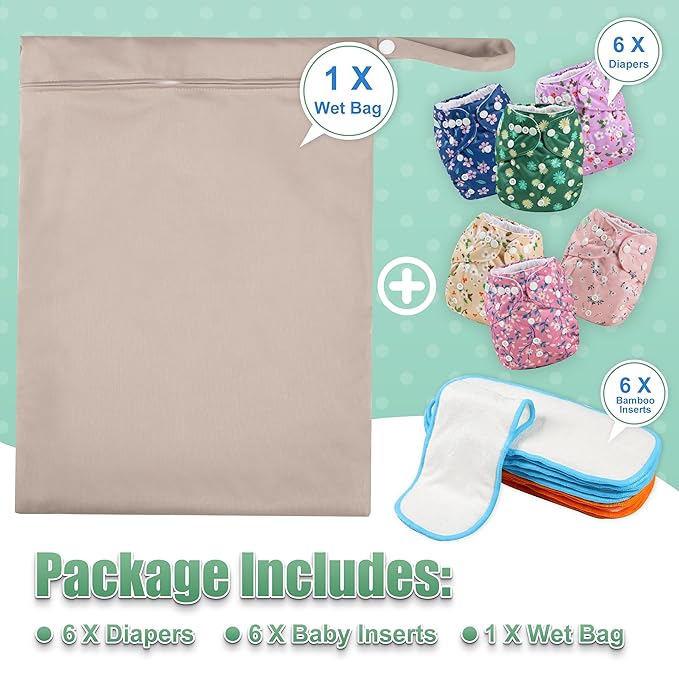 Wegreeco Cloth Diapers 6 Pack with Inserts & Wet Bag, Washable Reusable Diapers for Babies, One Size Adjustable (Chrysanthemum)