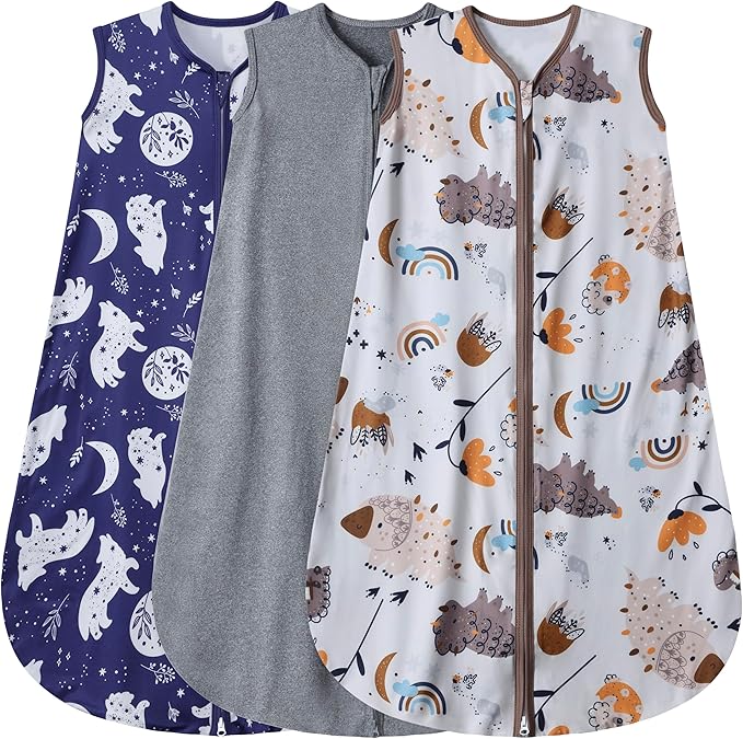 3 Pack Baby Sleep Sack 100% Rayon Cotton Baby Sleeping Bag 2-Way Zipper Toddler Wearable Blankets TOG 0.3. (Fox&Dinosaurs&Dark gray, 0-6 Months)