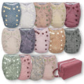 Nora's Nursery Newborn All-in-One Cloth Diaper 14-Pack with Diaper Pod for Clean Storage - Waterproof, Washable, Reusable, and Adjustable for Babies Under 12lbs - Blushing Blooms