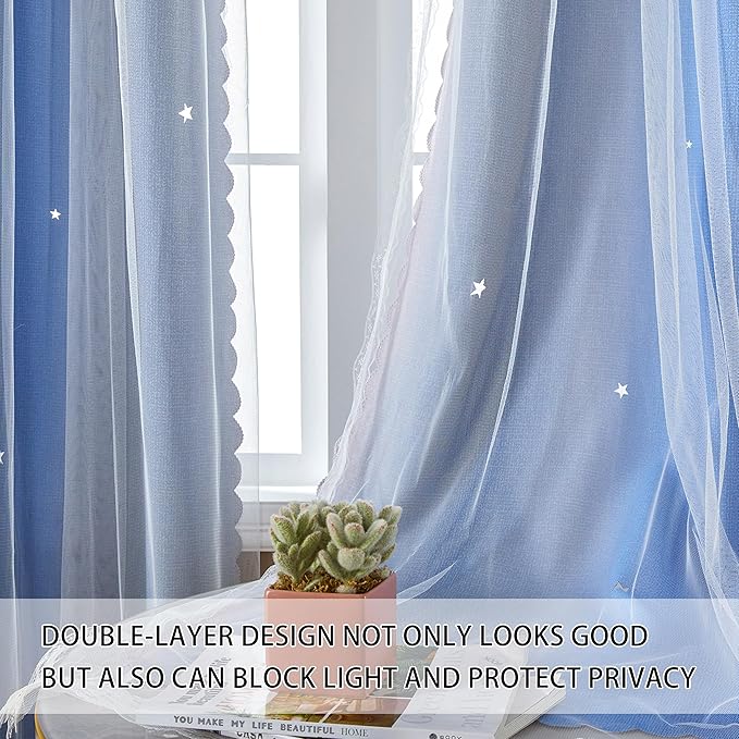 XiDi Dream Star Blackout Curtains for Kids Rooms Girl Princess Curtain for Daughter Bedroom Window (Pink Grey Blue, W34 X L84)