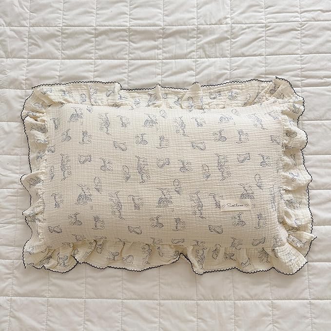 AOJIM Cotton Muslin Kids Pillowcase with Cute Cat Patterns, Super Soft Crib Nursery Pillowcase 1PC for Boys Girls, Ruffled Edges Toddler Bedding for Room Decor, Machine Washable, 14x20 Inches