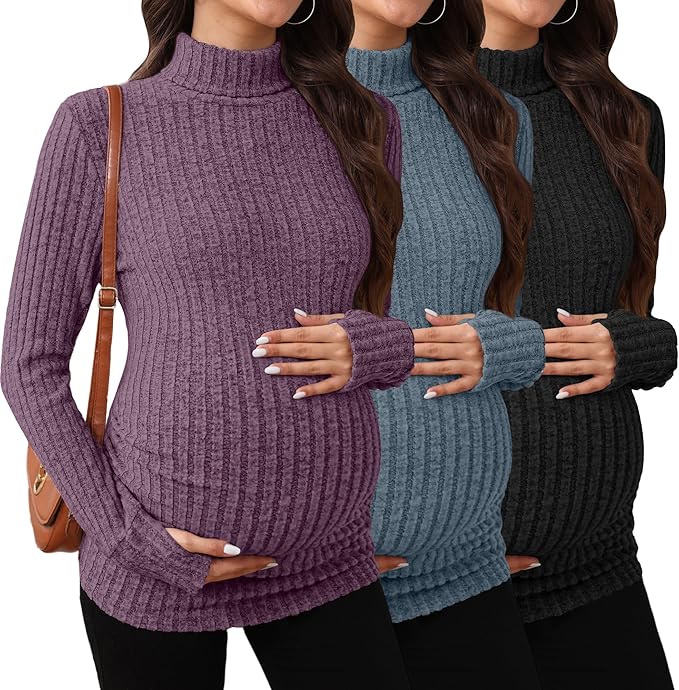 3 Pack Maternity T-Shirts Pregnancy Tops Women Sweater Long Sleeve Turtleneck Ribbed Finger Sleeve Outfits