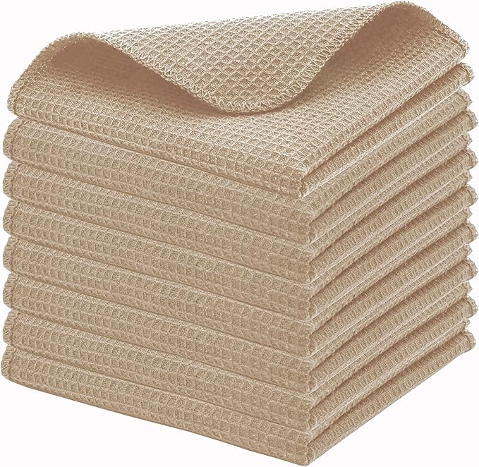 PurpleEssences Dish Cloths and Dish Rags - 8 Pack Waffle Weave Solid Kitchen Dish Wash Cloths, 100% Cotton, 12 x 12 Inches, Ultra Soft Absorbent Quick Drying Fall Thanksgiving - Beige