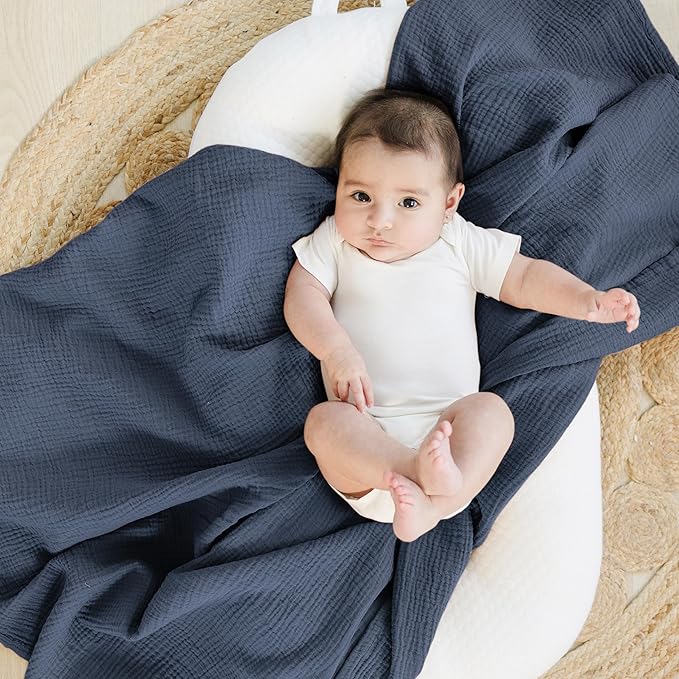Konssy Muslin Swaddle Blankets for Boys Girls, 2 Pack Receiving Baby Blanket Large 47 x 47 inches, Soft Breathable Swaddling Wrap for Unisex Newborn (Navy, Grey)