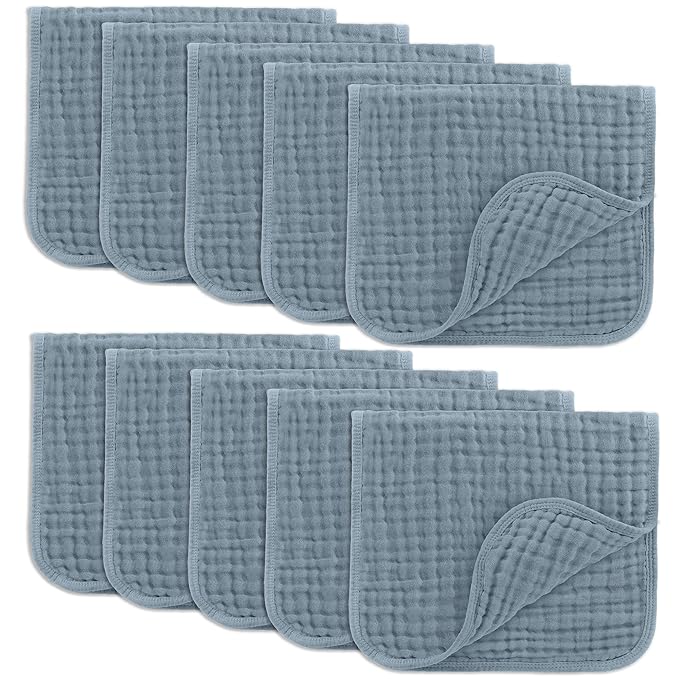 Comfy Cubs Muslin Burp Cloths 20" x 10", Pack of 10 - Large, 6-Layer, Ultra Absorbent 100% Cotton for Baby Drool and Messes - Soft, Safe & Gentle Baby Burp Cloths for Boys & Girls - Pacific Blue