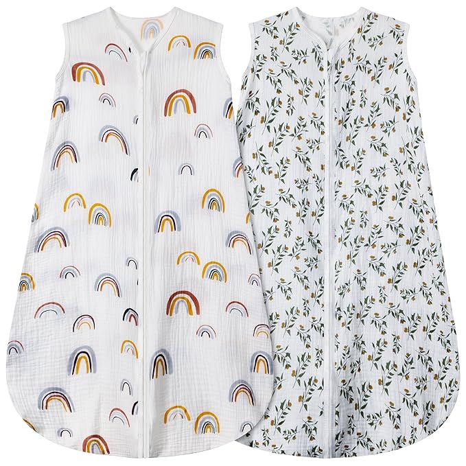 2 Pack Baby Sleep Sack 0-6 Months 100% Organic Cotton Muslin Baby Sleeping Bag 2-Way Zipper Wearable Blankets (Rainbow & Leaf, Small)