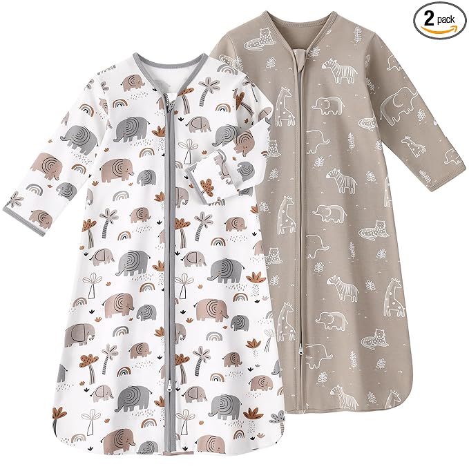Baby Sleep Sack 6-12 Months, Long Sleeve Baby Wearable Blanket 0.5 Tog with Mittens, 2-Way Zipper Infant Cotton Sleeping Sack for Boy and Girl Grey Elephant 2 Pack (Medium)