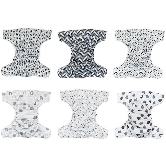 Simple Being Reusable Cloth Diapers, Double Gusset, One Size Adjustable, Washable Soft Absorbent, Waterproof Cover, Eco-Friendly Unisex Baby Girl Boy, six 4-Layers Microfiber Inserts (Greys)