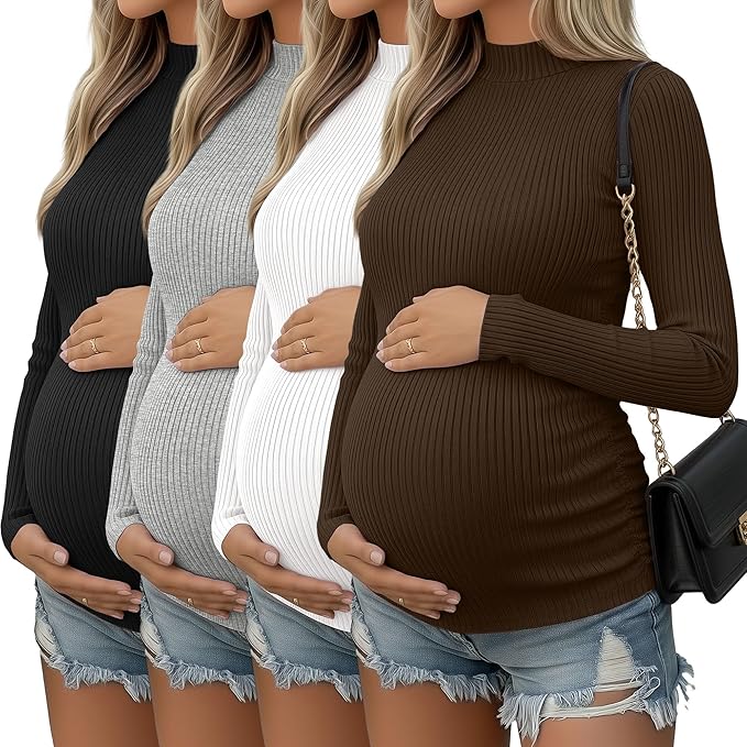 4 Packs Womens Maternity Shirts Long Sleeve Cotton Ribbed Pregnancy Mock Neck Side Ruched Workout Tops for Mama