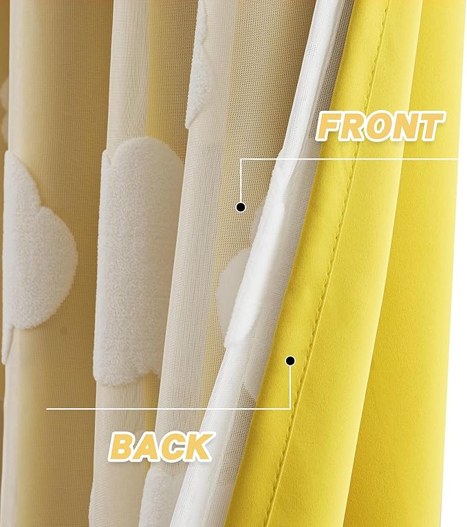 Yellow Double Layer Curtains for Bedroom Room Darkening Kids Curtains 95 Inches Long Cloud Pattern Sheer Curtains Grommet Top for Living Room Set of 2 Panels, 52 X 95 Inch