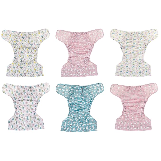 Simple Being Reusable Cloth Diapers, Double Gusset, One Size Adjustable, Washable Soft Absorbent, Waterproof Cover, Eco-Friendly Unisex Baby Girl Boy, six 4-Layers Microfiber Inserts (Girl Animals)