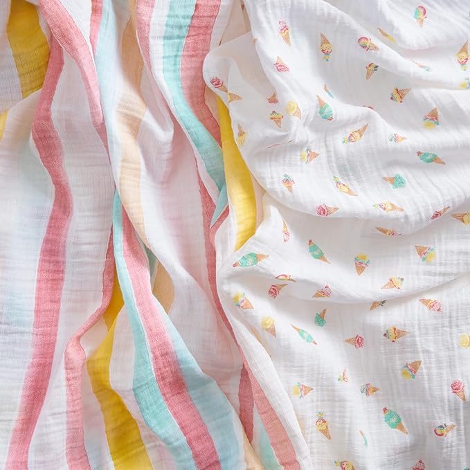 aden + anais Essentials Cotton Muslin Swaddle, Breathable Baby Blanket, Ideal for Boys, Girls, Newborns, Babies & Infants, Receiving Blanket, Soft and Lightweight Wrap, 2 Pack, Ice Cream Dreams