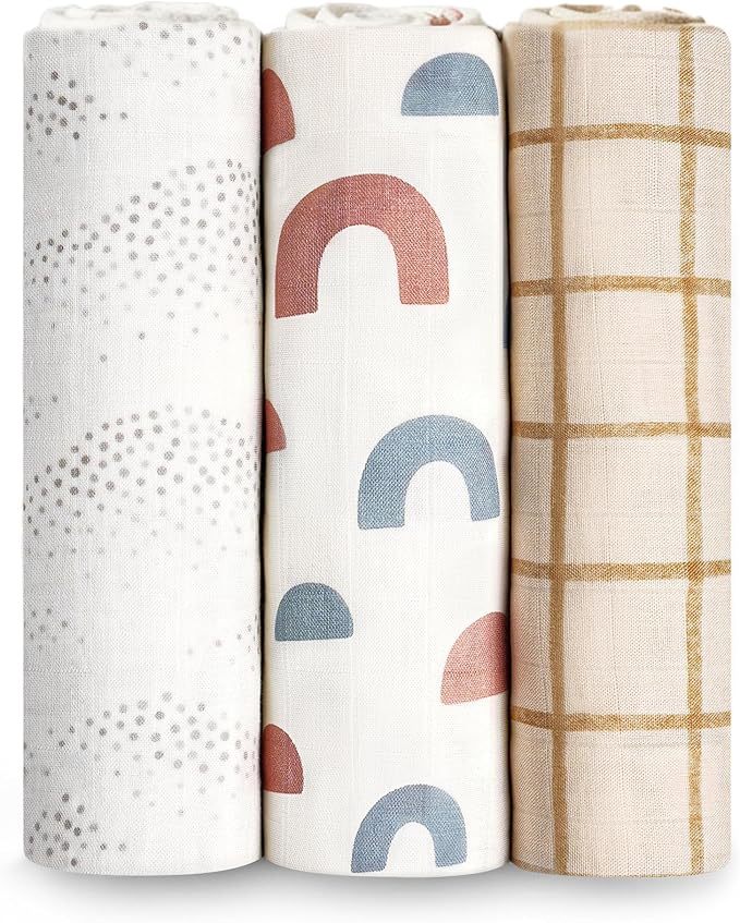 HECCEI Soft Large Swaddle Blankets - 3-Pack 70% Bamboo 30% Cotton Muslin Swaddle Blanket, Large Breathable Receiving Blankets for Newborn, Boys and Girls Swaddles, Registry & Gift, 47 x 47 inches