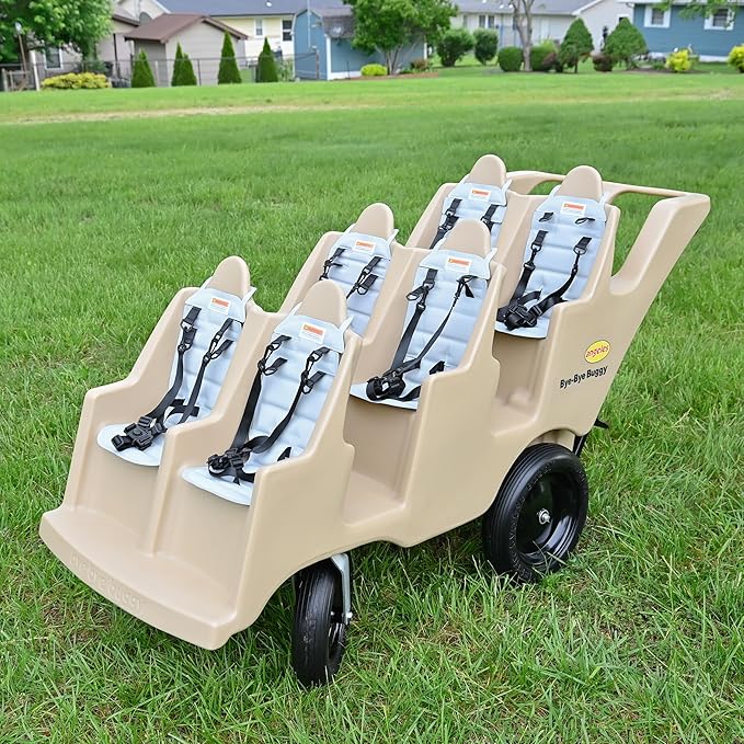 Angeles Bye Bye Buggy 6 Passenger Stroller, Sturdy Daycare Stroller with Fat Tires, Easy-to-Fasten Safety Buckles, Parking Brake, & 360 Pivoting Wheels, Tan