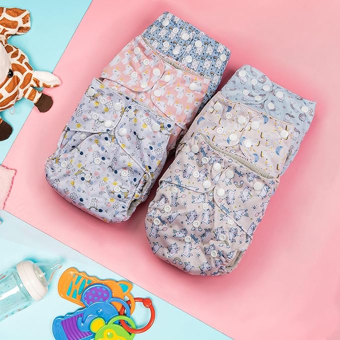 Simple Being Reusable Cloth Diapers, Double Gusset, One Size Adjustable, Washable Soft Absorbent, Waterproof Cover, Eco-Friendly Unisex Baby Girl Boy, six 4-Layers Microfiber Inserts (Unicorns)