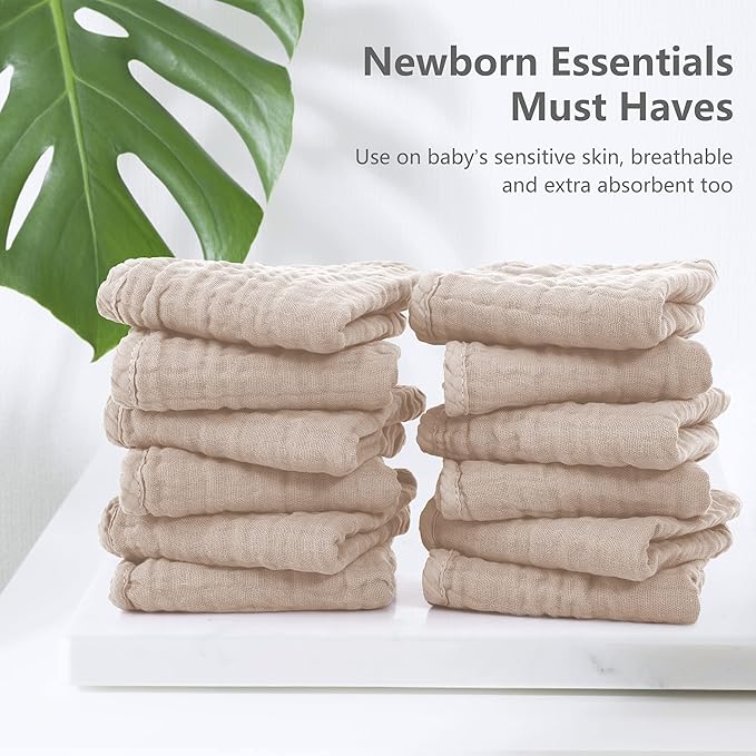 SWEET DOLPHIN 12 Pack Muslin Burp Cloths Large 100% Cotton Hand Washcloths for Baby - Baby Essentials Extra Absorbent and Soft Boys & Girls Milk Spit Up Rags for Newborn Registry - Brown, 20" X10"