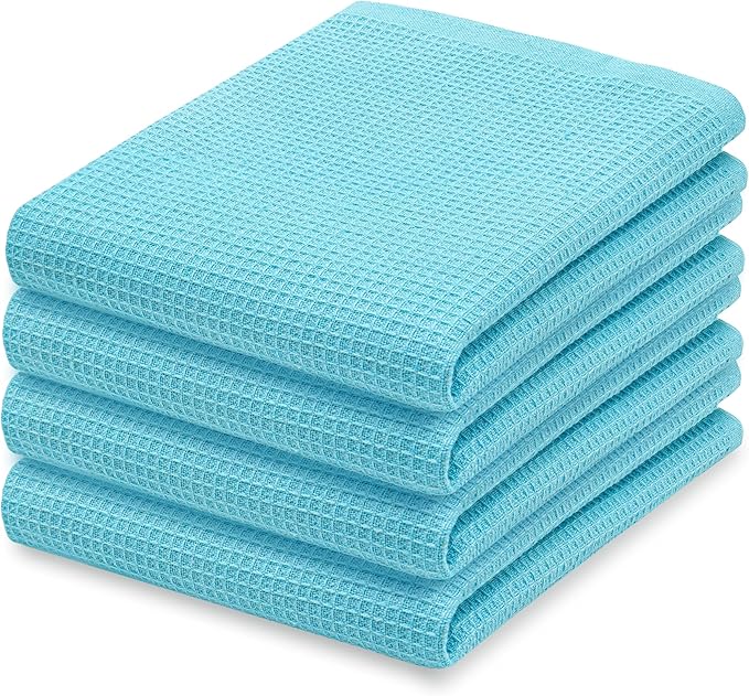 PurpleEssences Waffle Weave Kitchen Towel, 100% Cotton - 15 x 25 Inches, with Hanging Loop Ultra Soft Absorbent Quick Drying Dish Cloth, Tea and Hand Towels, 4 Pack -Fall Thanksgiving - Aqua Blue
