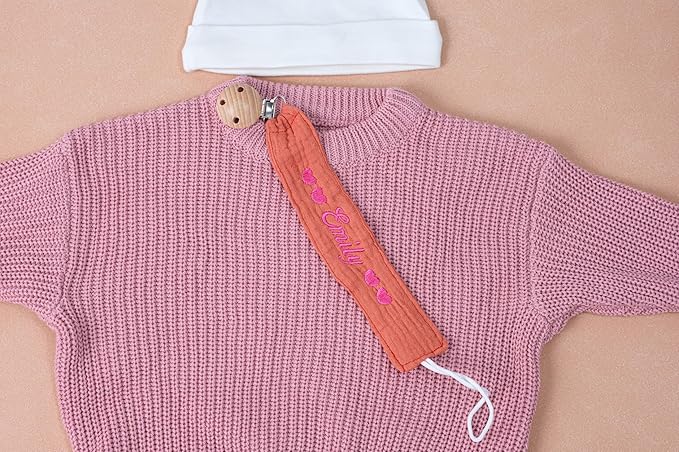 Personalized Bohemian Pacifier Clip Embroidered with Name is The Perfect Newborn Gift Made from eco-Friendly Bamboo! (Pink)