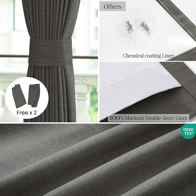 Topfinel 96 Inch Long Blackout Linen Curtains for Livingroom, Carbon Grey Viral Drapes Pinch Pleated Curtains for French Doors 2 Panels Set, Luxury Modern American Style Linen Drapes 52" W*96" L