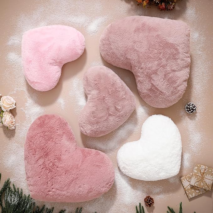 EastTree Heart Pillows, Bean Paste Pink Heart Shaped Pillows, Love Throw Pillows Gifts, Ultra Faux Rabbit Fur Soft Small Cute Fluffy Pillows, Women Girls Kid Living Room Decor 10x13 Inch