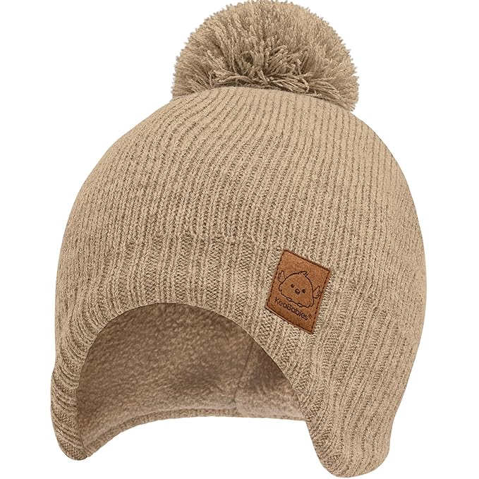 Baby Beanies, Baby Hats for Boys, Girls - Cute Toddler Winter Hat, Soft & Stretchy Beanies for Infant, Newborn 0-6 Months, Cozy & Warm with Earflap Muff & Pom (Taupe, S)