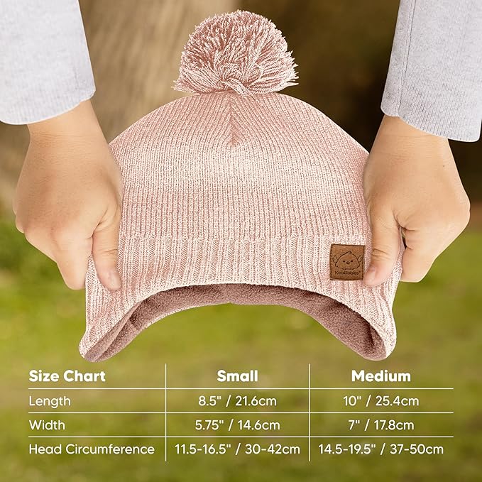 Baby Beanies, Baby Hats for Boys, Girls - Cute Toddler Winter Hat, Soft & Stretchy Beanies for Infant, Newborn 6-36 Months, Cozy & Warm with Earflap Muff & Pom (Blush)