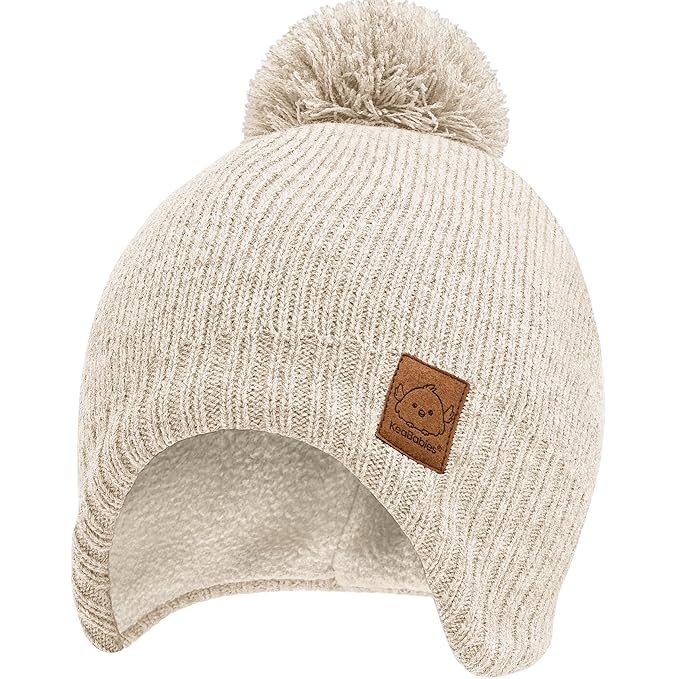 Baby Beanies, Baby Hats for Boys, Girls - Cute Toddler Winter Hat, Soft & Stretchy Beanies for Infant, Newborn 6-36 months, Cozy & Warm with Earflap Muff & Pom (Cream)