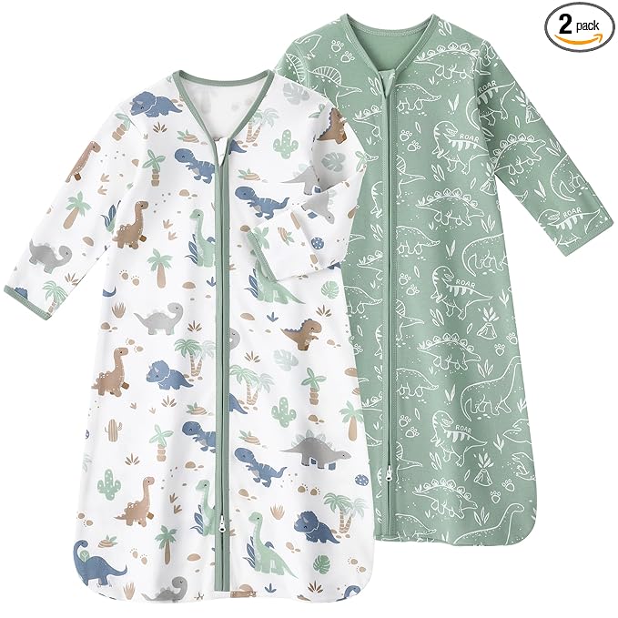Baby Sleep Sack 18-24 Months, Long Sleeve Baby Wearable Blanket 0.5 Tog with Mittens, 2-Way Zipper Toddler Cotton Sleeping Sack for Boy and Girl Green Dinosaur 2 Pack(XLarge)